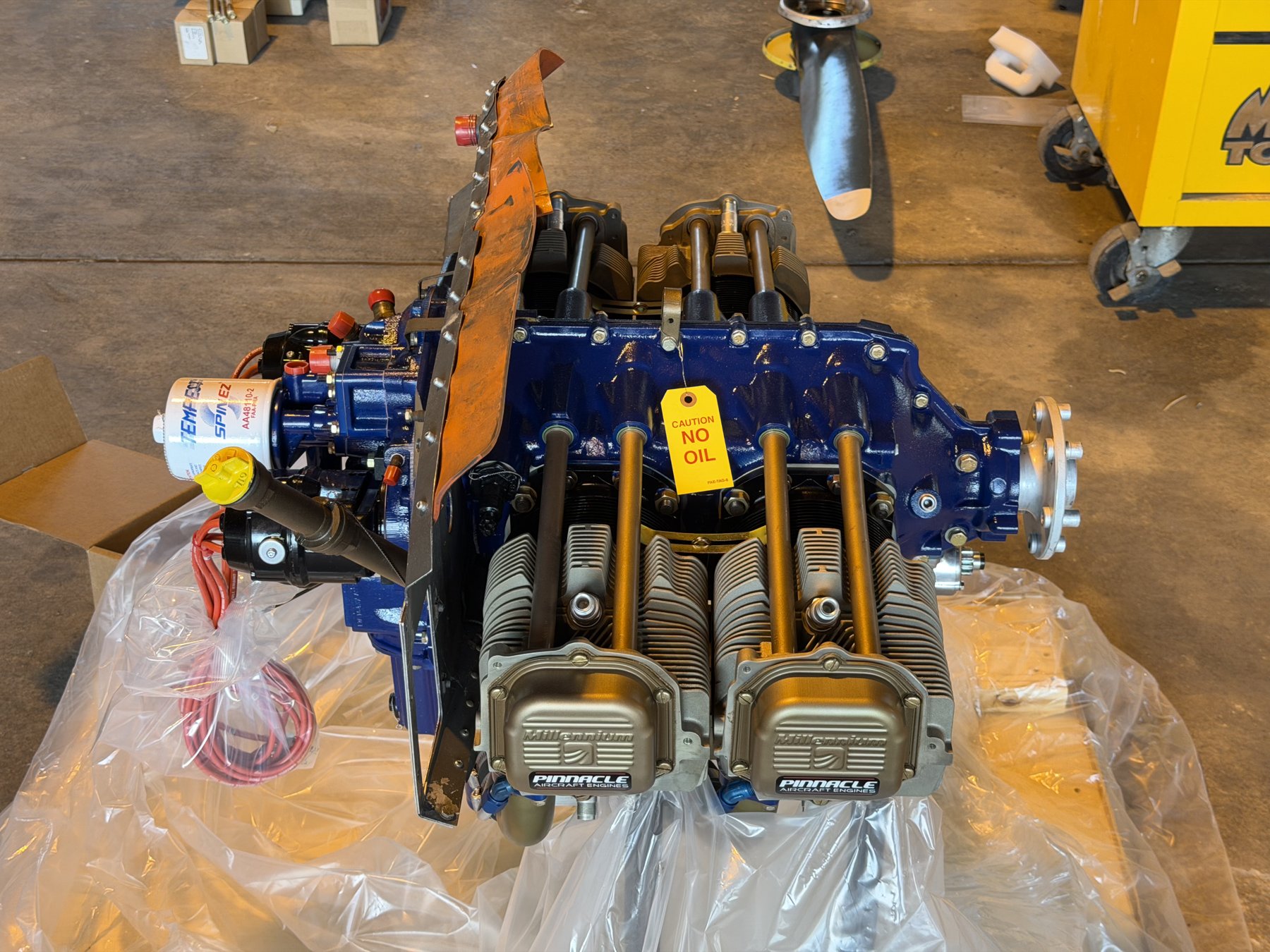 Freshly overhauled aircraft engine with Pinnacle Aircraft Engines branding on the cylinder covers